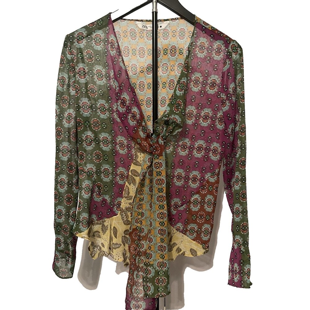 Zara colorful hobo womens shirt w/tie and beaded tassel Size XS